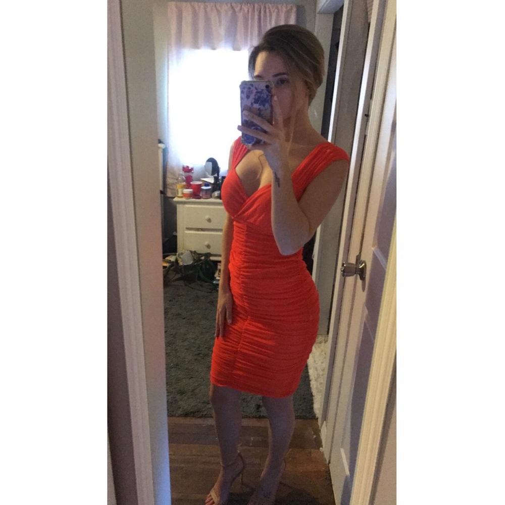 Sofia Vergara Orange Bodycon Ruched Dress